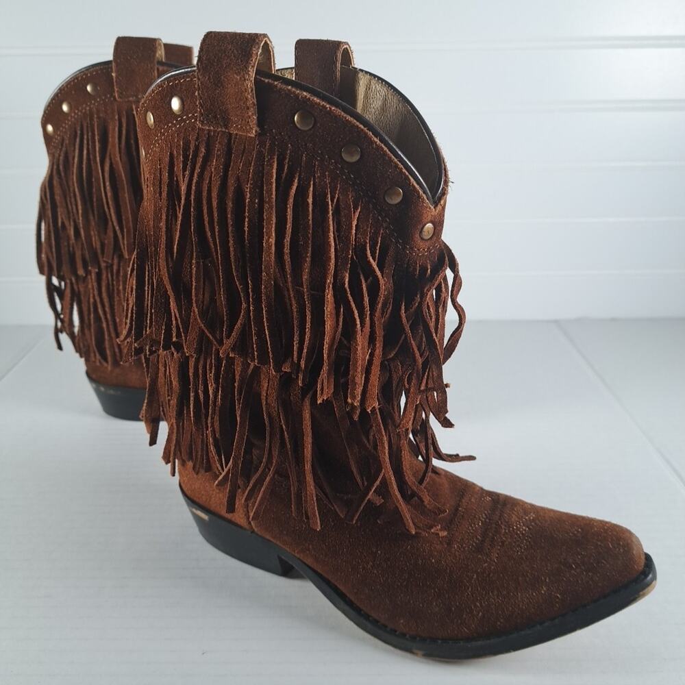 Smoky Mountain Boots Girls 2.5 Brown Suede Pull On Double Fringe Western Cowboy